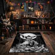 Horned Owl Forest Area Rug front view near a fireplace