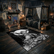 Horned Owl Forest Area Rug angled view with dark furniture