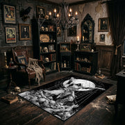 Horned Owl Forest Area Rug shown with vintage gothic decor