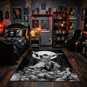 Horned Owl Forest Area Rug displayed beneath framed wall art