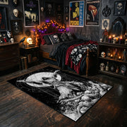 Horned Owl Forest Area Rug styled with red Halloween accents