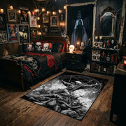 Goat Skull Forest Ritual Area Rug styled in a gothic bedroom