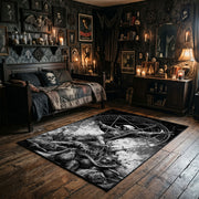 Goat Skull Forest Ritual Area Rug wide room view with spooky decor