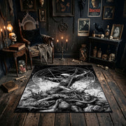 Goat Skull Forest Ritual Area Rug shown in a candlelit dark room