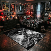 Goat Skull Forest Ritual Area Rug displayed beside a decorated bed