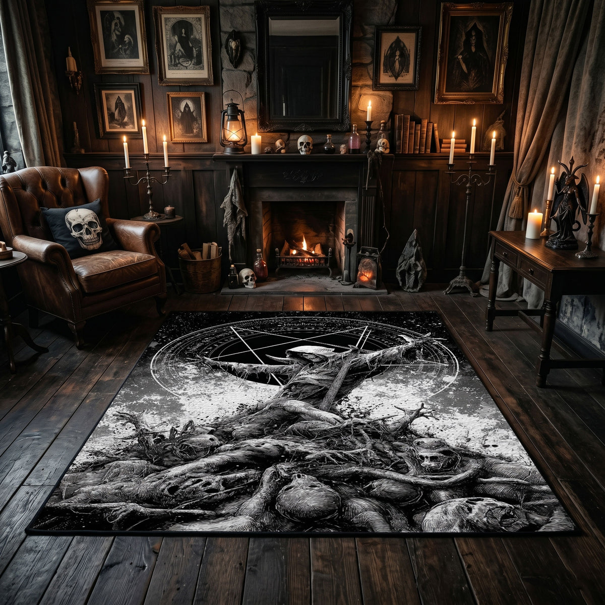 Goat Skull Forest Ritual Area Rug centered in a moody living room