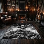 Goat Skull Forest Ritual Area Rug centered in a moody living room