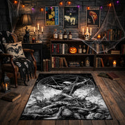 Goat Skull Forest Ritual Area Rug front view near a fireplace