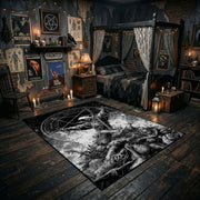 Goat Skull Forest Ritual Area Rug angled view with dark furniture