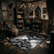 Goat Skull Forest Ritual Area Rug shown with vintage gothic decor