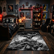 Goat Skull Forest Ritual Area Rug displayed beneath framed wall art