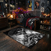 Goat Skull Forest Ritual Area Rug styled with red Halloween accents