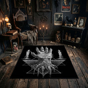 Tentacled Ocean Horror Area Rug shown in a candlelit dark room