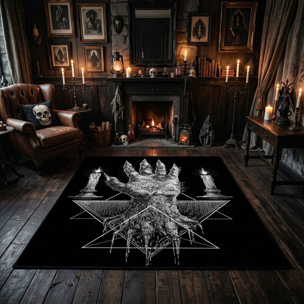 Tentacled Ocean Horror Area Rug centered in a moody living room