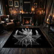 Tentacled Ocean Horror Area Rug centered in a moody living room