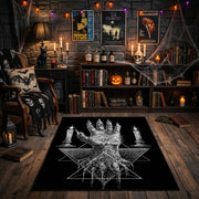 Tentacled Ocean Horror Area Rug front view near a fireplace