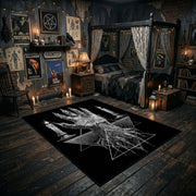 Tentacled Ocean Horror Area Rug angled view with dark furniture