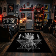 Tentacled Ocean Horror Area Rug displayed beneath framed wall art