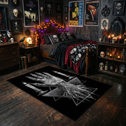 Tentacled Ocean Horror Area Rug styled with red Halloween accents