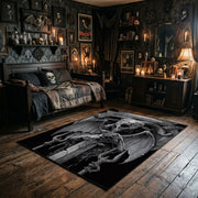 Triangular Goat Skull Area Rug wide room view with spooky decor