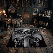 Triangular Goat Skull Area Rug shown in a candlelit dark room