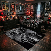 Triangular Goat Skull Area Rug displayed beside a decorated bed