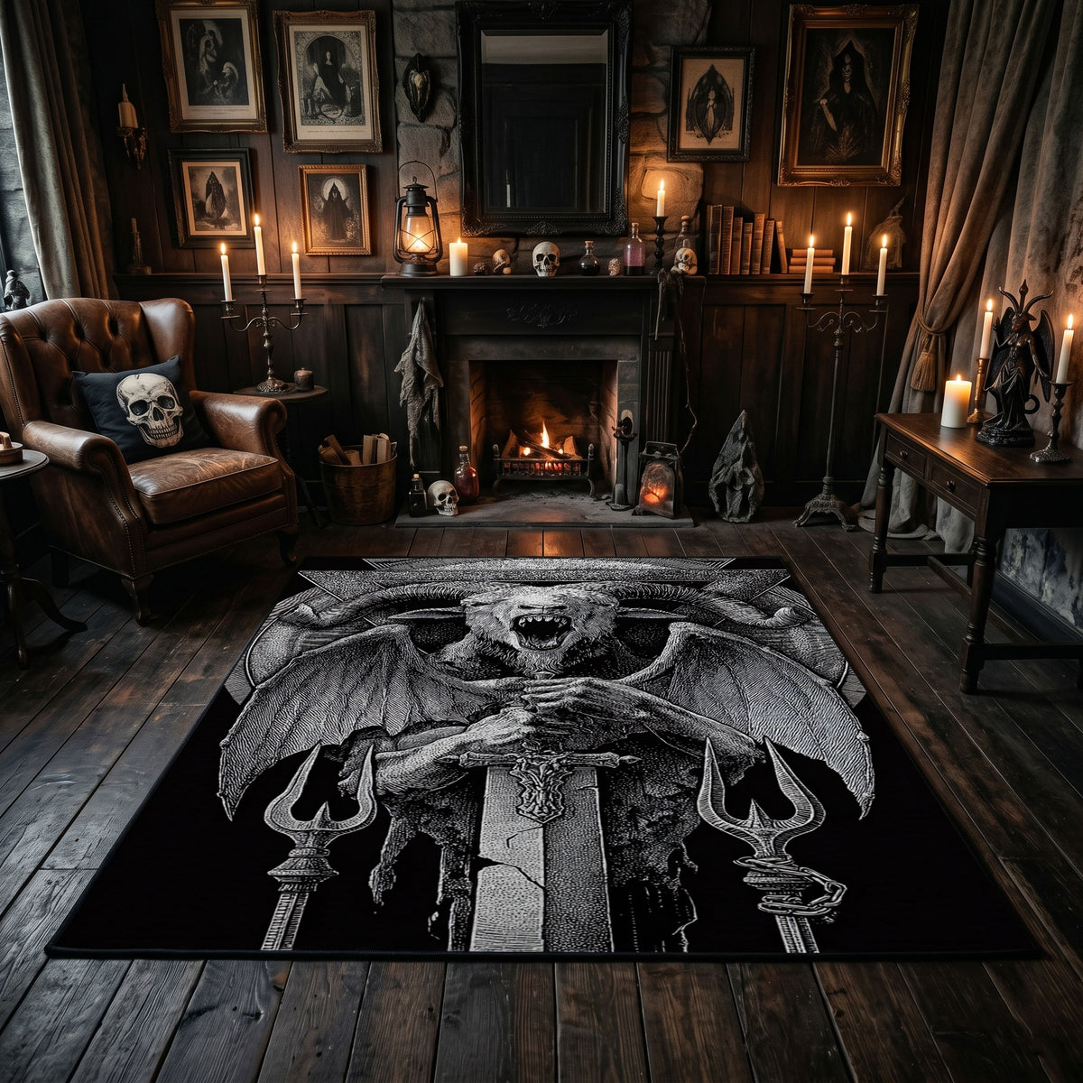 Triangular Goat Skull Area Rug centered in a moody living room
