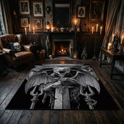 Triangular Goat Skull Area Rug centered in a moody living room