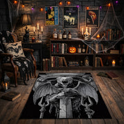 Triangular Goat Skull Area Rug front view near a fireplace