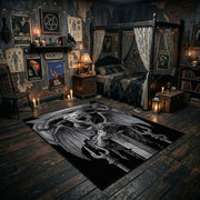 Triangular Goat Skull Area Rug angled view with dark furniture