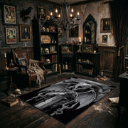 Triangular Goat Skull Area Rug shown with vintage gothic decor