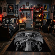 Triangular Goat Skull Area Rug displayed beneath framed wall art