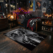 Triangular Goat Skull Area Rug styled with red Halloween accents