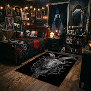 Horned Demon Moth Area Rug styled in a gothic bedroom