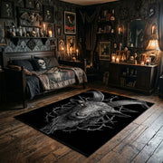Horned Demon Moth Area Rug wide room view with spooky decor