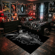 Horned Demon Moth Area Rug displayed beside a decorated bed