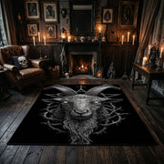 Horned Demon Moth Area Rug centered in a moody living room