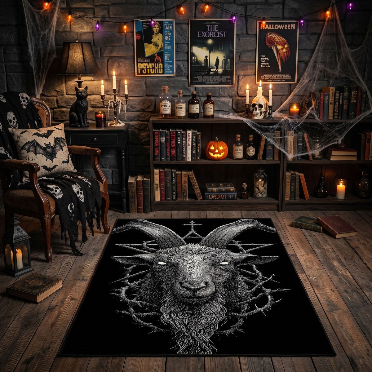 Horned Demon Moth Area Rug front view near a fireplace