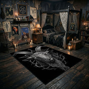 Horned Demon Moth Area Rug angled view with dark furniture