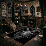 Horned Demon Moth Area Rug shown with vintage gothic decor