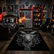Horned Demon Moth Area Rug displayed beneath framed wall art