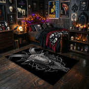 Horned Demon Moth Area Rug styled with red Halloween accents