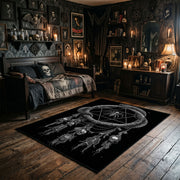 Horned Serpent Skull Area Rug wide room view with spooky decor