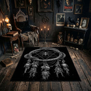 Horned Serpent Skull Area Rug shown in a candlelit dark room