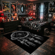 Horned Serpent Skull Area Rug displayed beside a decorated bed