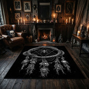 Horned Serpent Skull Area Rug centered in a moody living room