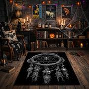 Horned Serpent Skull Area Rug front view near a fireplace