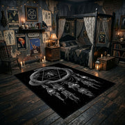 Horned Serpent Skull Area Rug angled view with dark furniture