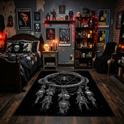 Horned Serpent Skull Area Rug displayed beneath framed wall art
