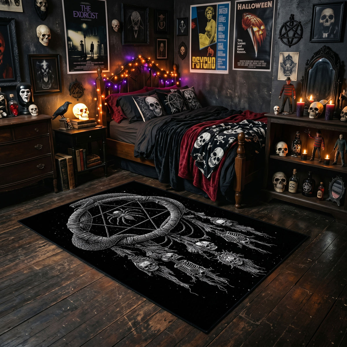 Horned Serpent Skull Area Rug styled with red Halloween accents